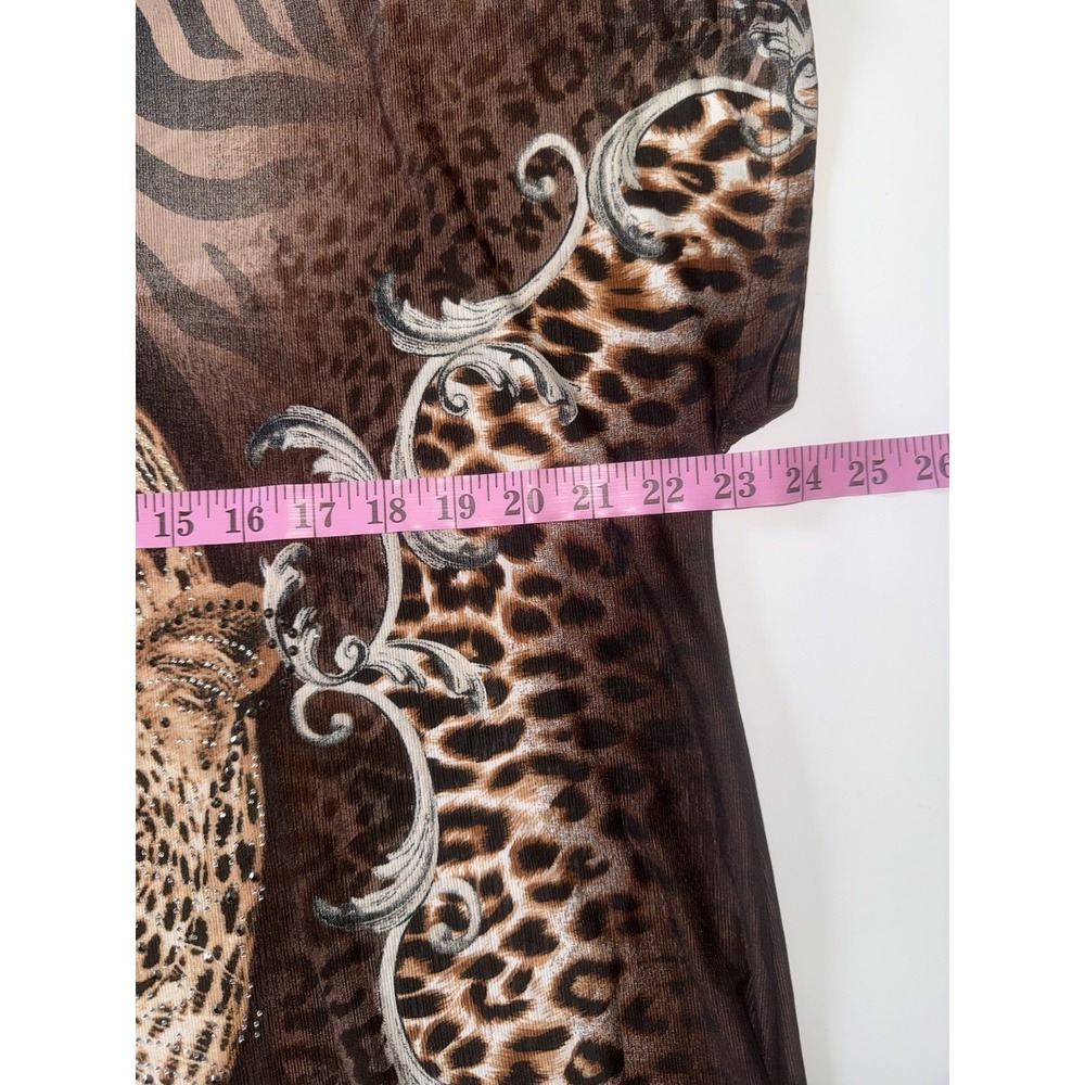 Blossom By P Leopard Tunic Top Rhinestone Bling Slinky Knit Animal Ruched L/XL - Picture 11 of 13
